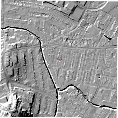 Shaded relief map of the ground around LE53NJ, computed from Environment Agency LiDAR. The ground here sits at about 59 m above sea level and falls 24 m across the surrounding 800 m. Surface water reaching this point runs off ground lying to the south-east, 0.7 m higher.