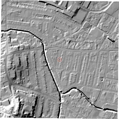 Shaded relief map of the ground around LE53NT, computed from Environment Agency LiDAR. The ground here sits at about 59 m above sea level and falls 24 m across the surrounding 800 m. Surface water reaching this point runs off ground lying to the north-east, 0.7 m higher.