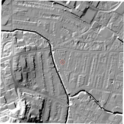 Shaded relief map of the ground around LE53NU, computed from Environment Agency LiDAR. The ground here sits at about 59 m above sea level and falls 24 m across the surrounding 800 m. Surface water reaching this point runs off ground lying to the south-east, 1.7 m higher.