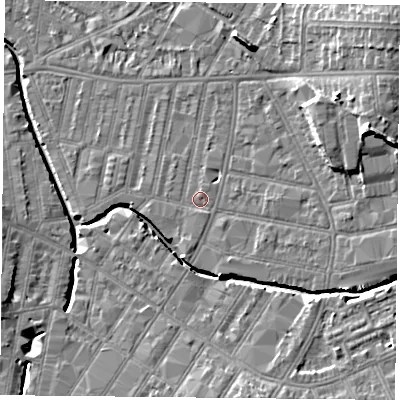 Shaded relief map of the ground around LE53NW, computed from Environment Agency LiDAR. The ground here sits at about 61 m above sea level and falls 13 m across the surrounding 800 m. Surface water reaching this point runs off ground lying to the south, 0.8 m higher.