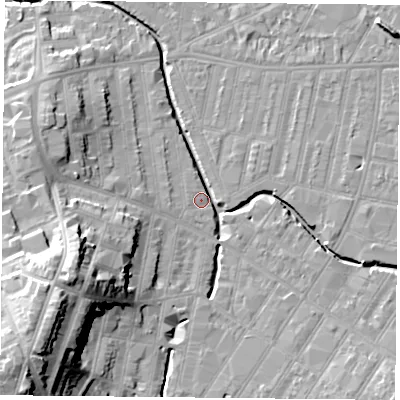 Shaded relief map of the ground around LE53NX, computed from Environment Agency LiDAR. The ground here sits at about 60 m above sea level and falls 27 m across the surrounding 800 m. Surface water reaching this point runs off ground lying to the west-south-west, 21.9 m higher.