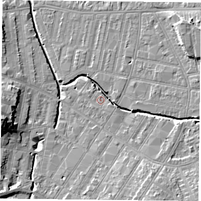 Shaded relief map of the ground around LE53NY, computed from Environment Agency LiDAR. The ground here sits at about 60 m above sea level and falls 17 m across the surrounding 800 m. Surface water reaching this point runs off ground lying to the east-south-east, 1.0 m higher.