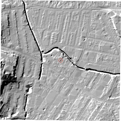 Shaded relief map of the ground around LE53PA, computed from Environment Agency LiDAR. The ground here sits at about 60 m above sea level and falls 21 m across the surrounding 800 m. Surface water reaching this point runs off ground lying to the south-south-east, 1.0 m higher.