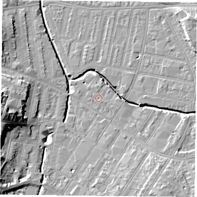 Shaded relief map of the ground around LE53PB, computed from Environment Agency LiDAR. The ground here sits at about 60 m above sea level and falls 21 m across the surrounding 800 m. Surface water reaching this point runs off ground lying to the south-east, 0.8 m higher.