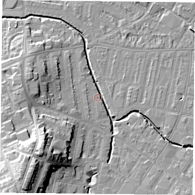 Shaded relief map of the ground around LE53PD, computed from Environment Agency LiDAR. The ground here sits at about 59 m above sea level and falls 26 m across the surrounding 800 m. Surface water reaching this point runs off ground lying to the south-west, 22.2 m higher.