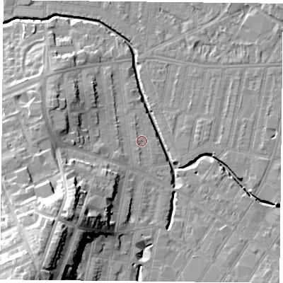Shaded relief map of the ground around LE53PE, computed from Environment Agency LiDAR. The ground here sits at about 60 m above sea level and falls 27 m across the surrounding 800 m. Surface water reaching this point runs off ground lying to the south, 1.2 m higher.