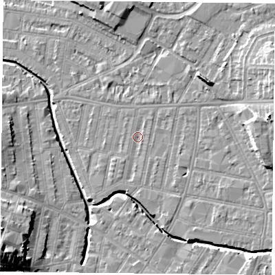 Shaded relief map of the ground around LE53PF, computed from Environment Agency LiDAR. The ground here sits at about 60 m above sea level and falls 20 m across the surrounding 800 m. Surface water reaching this point runs off ground lying to the south, 0.9 m higher.