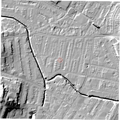 Shaded relief map of the ground around LE53PG, computed from Environment Agency LiDAR. The ground here sits at about 60 m above sea level and falls 23 m across the surrounding 800 m. The ground contributing surface water to this point lies to the south-south-west.