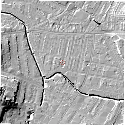 Shaded relief map of the ground around LE53PH, computed from Environment Agency LiDAR. The ground here sits at about 60 m above sea level and falls 22 m across the surrounding 800 m. Surface water reaching this point runs off ground lying to the south-east, 0.7 m higher.