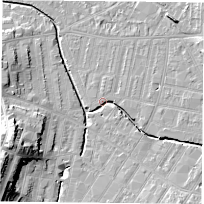 Shaded relief map of the ground around LE53PJ, computed from Environment Agency LiDAR. The ground here sits at about 60 m above sea level and falls 25 m across the surrounding 800 m. Surface water reaching this point runs off ground lying to the south-east, 7.9 m higher.