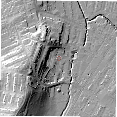 Shaded relief map of the ground around LE53QA, computed from Environment Agency LiDAR. The ground here sits at about 62 m above sea level and falls 28 m across the surrounding 800 m. Surface water reaching this point runs off ground lying to the west, 18.6 m higher.