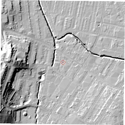 Shaded relief map of the ground around LE53QN, computed from Environment Agency LiDAR. The ground here sits at about 60 m above sea level and falls 24 m across the surrounding 800 m. Surface water reaching this point runs off ground lying to the south, 2.1 m higher.