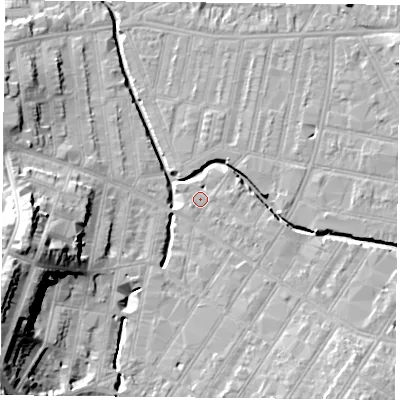 Shaded relief map of the ground around LE53QP, computed from Environment Agency LiDAR. The ground here sits at about 60 m above sea level and falls 24 m across the surrounding 800 m. Surface water reaching this point runs off ground lying to the east-south-east, 0.9 m higher.