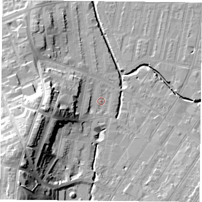 Shaded relief map of the ground around LE53QT, computed from Environment Agency LiDAR. The ground here sits at about 61 m above sea level and falls 29 m across the surrounding 800 m. Surface water reaching this point runs off ground lying to the south-west, 4.1 m higher.