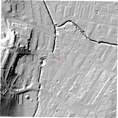Shaded relief map of the ground around LE53RF, computed from Environment Agency LiDAR. The ground here sits at about 61 m above sea level and falls 26 m across the surrounding 800 m. Surface water reaching this point runs off ground lying to the south, 1.7 m higher.