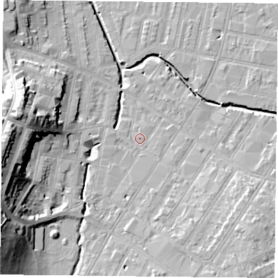Shaded relief map of the ground around LE53RH, computed from Environment Agency LiDAR. The ground here sits at about 61 m above sea level and falls 24 m across the surrounding 800 m. Surface water reaching this point runs off ground lying to the south-south-west, 1.7 m higher.