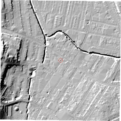 Shaded relief map of the ground around LE53RL, computed from Environment Agency LiDAR. The ground here sits at about 60 m above sea level and falls 22 m across the surrounding 800 m. Surface water reaching this point runs off ground lying to the south, 3.2 m higher.