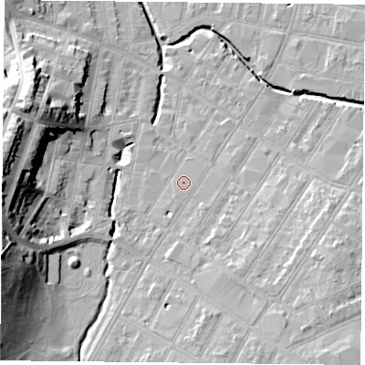 Shaded relief map of the ground around LE53RU, computed from Environment Agency LiDAR. The ground here sits at about 61 m above sea level and falls 24 m across the surrounding 800 m. Surface water reaching this point runs off ground lying to the south-south-west, 0.9 m higher.