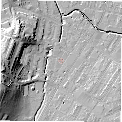 Shaded relief map of the ground around LE53RW, computed from Environment Agency LiDAR. The ground here sits at about 61 m above sea level and falls 28 m across the surrounding 800 m. Surface water reaching this point runs off ground lying to the south, 0.8 m higher.