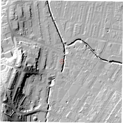 Shaded relief map of the ground around LE53SA, computed from Environment Agency LiDAR. The ground here sits at about 60 m above sea level and falls 29 m across the surrounding 800 m. Surface water reaching this point runs off ground lying to the south-west, 24.1 m higher.