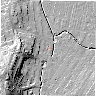 Shaded relief map of the ground around LE53SB, computed from Environment Agency LiDAR. The ground here sits at about 60 m above sea level and falls 29 m across the surrounding 800 m. Surface water reaching this point runs off ground lying to the west-south-west, 4.2 m higher.