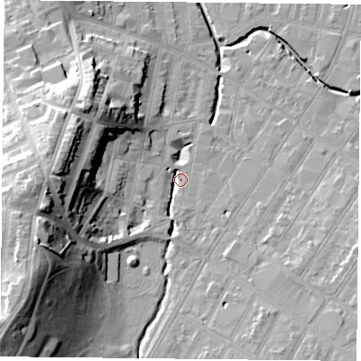 Shaded relief map of the ground around LE53SD, computed from Environment Agency LiDAR. The ground here sits at about 61 m above sea level and falls 28 m across the surrounding 800 m. Surface water reaching this point runs off ground lying to the south-east, 6.8 m higher.