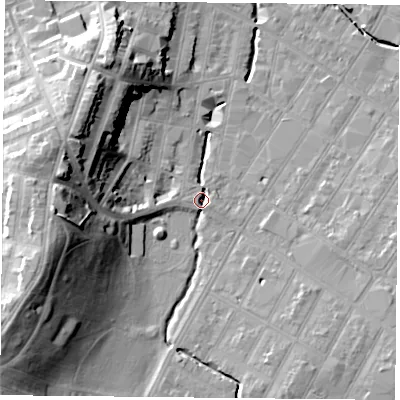 Shaded relief map of the ground around LE53SH, computed from Environment Agency LiDAR. The ground here sits at about 61 m above sea level and falls 27 m across the surrounding 800 m. Surface water reaching this point runs off ground lying to the west, 25.0 m higher.