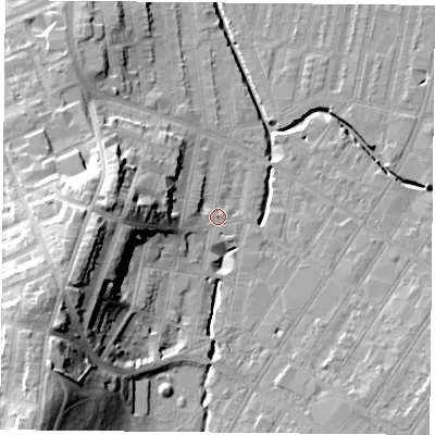 Shaded relief map of the ground around LE53SQ, computed from Environment Agency LiDAR. The ground here sits at about 61 m above sea level and falls 28 m across the surrounding 800 m. Surface water reaching this point runs off ground lying to the west-south-west, 5.1 m higher.