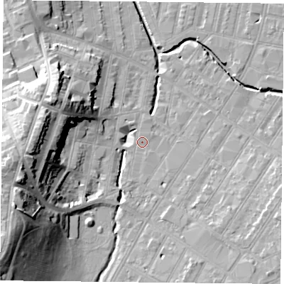 Shaded relief map of the ground around LE53ST, computed from Environment Agency LiDAR. The ground here sits at about 61 m above sea level and falls 28 m across the surrounding 800 m. Surface water reaching this point runs off ground lying to the west-south-west, 22.9 m higher.