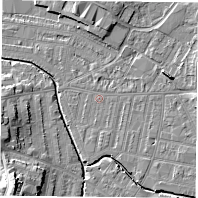Shaded relief map of the ground around LE53TA, computed from Environment Agency LiDAR. The ground here sits at about 60 m above sea level and falls 23 m across the surrounding 800 m. Surface water reaching this point runs off ground lying to the east, 3.9 m higher.