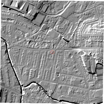 Shaded relief map of the ground around LE53TB, computed from Environment Agency LiDAR. The ground here sits at about 60 m above sea level and falls 13 m across the surrounding 800 m. Surface water reaching this point runs off ground lying to the east-south-east, 9.0 m higher.