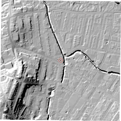 Shaded relief map of the ground around LE53TJ, computed from Environment Agency LiDAR. The ground here sits at about 60 m above sea level and falls 28 m across the surrounding 800 m. Surface water reaching this point runs off ground lying to the west-south-west, 19.3 m higher.