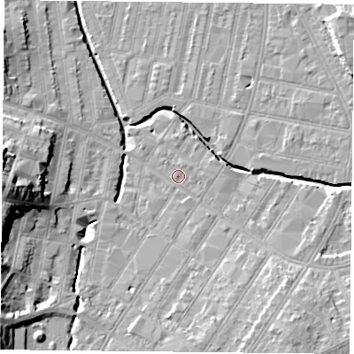 Shaded relief map of the ground around LE53TL, computed from Environment Agency LiDAR. The ground here sits at about 60 m above sea level and falls 21 m across the surrounding 800 m. Surface water reaching this point runs off ground lying to the south, 3.3 m higher.