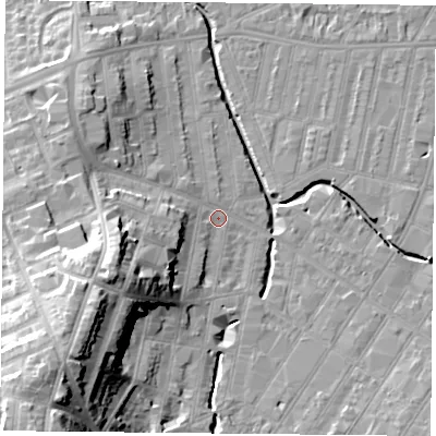 Shaded relief map of the ground around LE53TP, computed from Environment Agency LiDAR. The ground here sits at about 60 m above sea level and falls 28 m across the surrounding 800 m. Surface water reaching this point runs off ground lying to the west-south-west, 19.0 m higher.