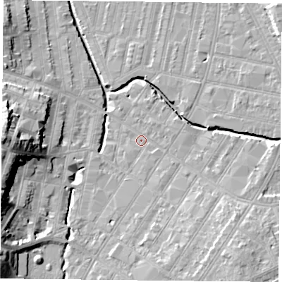 Shaded relief map of the ground around LE53TQ, computed from Environment Agency LiDAR. The ground here sits at about 60 m above sea level and falls 22 m across the surrounding 800 m. Surface water reaching this point runs off ground lying to the south, 3.3 m higher.