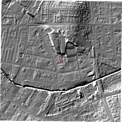 Shaded relief map of the ground around LE54AB, computed from Environment Agency LiDAR. The ground here sits at about 62 m above sea level and falls 15 m across the surrounding 800 m. Surface water reaching this point runs off ground lying to the north-north-east, 3.0 m higher.