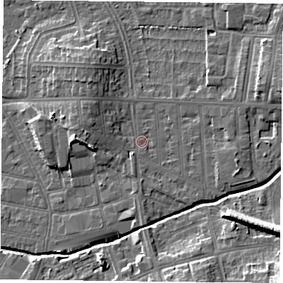 Shaded relief map of the ground around LE54AD, computed from Environment Agency LiDAR. The ground here sits at about 64 m above sea level and falls 16 m across the surrounding 800 m. Surface water reaching this point runs off ground lying to the south-south-east, 0.8 m higher.