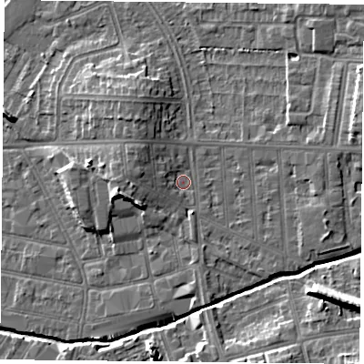 Shaded relief map of the ground around LE54AE, computed from Environment Agency LiDAR. The ground here sits at about 64 m above sea level and falls 14 m across the surrounding 800 m. Surface water reaching this point runs off ground lying to the west-south-west, 5.4 m higher.