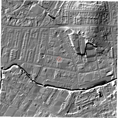 Shaded relief map of the ground around LE54AH, computed from Environment Agency LiDAR. The ground here sits at about 61 m above sea level and falls 12 m across the surrounding 800 m. Surface water reaching this point runs off ground lying to the east-north-east, 8.1 m higher.