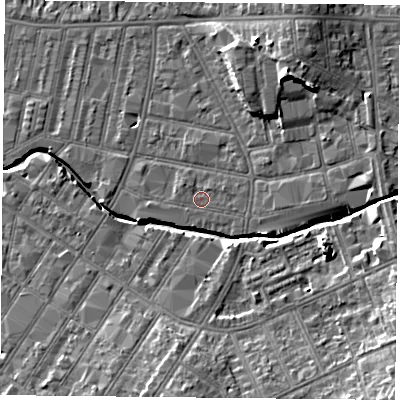 Shaded relief map of the ground around LE54AL, computed from Environment Agency LiDAR. The ground here sits at about 62 m above sea level and falls 12 m across the surrounding 800 m. Surface water reaching this point runs off ground lying to the east-south-east, 0.8 m higher.