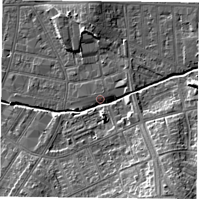 Shaded relief map of the ground around LE54AP, computed from Environment Agency LiDAR. The ground here sits at about 63 m above sea level and falls 17 m across the surrounding 800 m. Surface water reaching this point runs off ground lying to the south-east, 14.2 m higher.