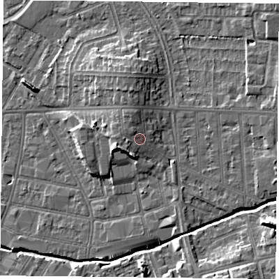Shaded relief map of the ground around LE54AQ, computed from Environment Agency LiDAR. The ground here sits at about 66 m above sea level and falls 13 m across the surrounding 800 m. Surface water reaching this point runs off ground lying to the north-north-west, 1.5 m higher.