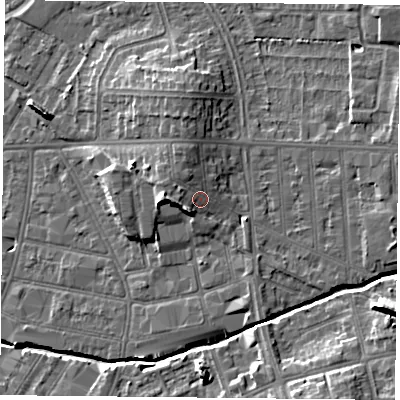 Shaded relief map of the ground around LE54AR, computed from Environment Agency LiDAR. The ground here sits at about 66 m above sea level and falls 13 m across the surrounding 800 m. Surface water reaching this point runs off ground lying to the west, 3.7 m higher.