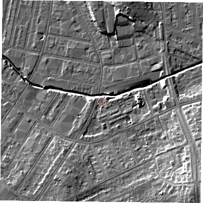 Shaded relief map of the ground around LE54AT, computed from Environment Agency LiDAR. The ground here sits at about 62 m above sea level and falls 17 m across the surrounding 800 m. Surface water reaching this point runs off ground lying to the south-east, 15.3 m higher.