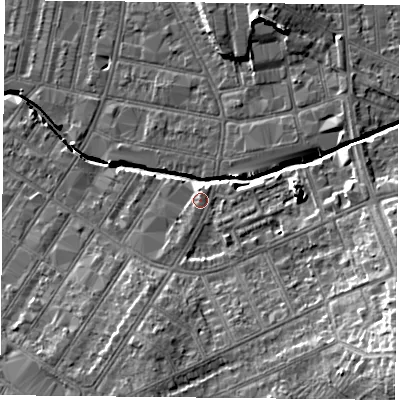 Shaded relief map of the ground around LE54AW, computed from Environment Agency LiDAR. The ground here sits at about 63 m above sea level and falls 17 m across the surrounding 800 m. Surface water reaching this point runs off ground lying to the south-east, 12.2 m higher.
