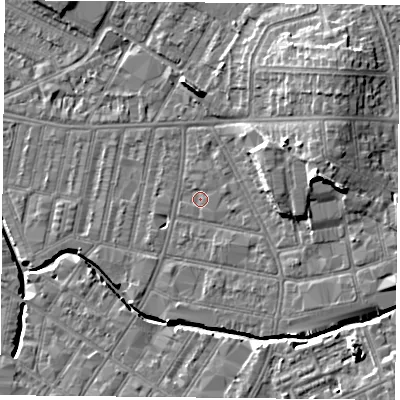 Shaded relief map of the ground around LE54BD, computed from Environment Agency LiDAR. The ground here sits at about 61 m above sea level and falls 12 m across the surrounding 800 m. Surface water reaching this point runs off ground lying to the east-north-east, 8.5 m higher.