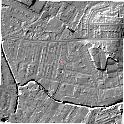 Shaded relief map of the ground around LE54BE, computed from Environment Agency LiDAR. The ground here sits at about 61 m above sea level and falls 13 m across the surrounding 800 m. Surface water reaching this point runs off ground lying to the south-south-west, 1.4 m higher.