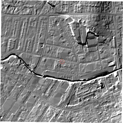 Shaded relief map of the ground around LE54BF, computed from Environment Agency LiDAR. The ground here sits at about 62 m above sea level and falls 12 m across the surrounding 800 m. Surface water reaching this point runs off ground lying to the south-east, 1.1 m higher.