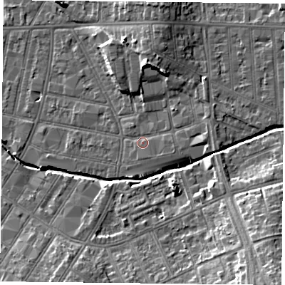 Shaded relief map of the ground around LE54BG, computed from Environment Agency LiDAR. The ground here sits at about 63 m above sea level and falls 16 m across the surrounding 800 m. Surface water reaching this point runs off ground lying to the north, 6.8 m higher.