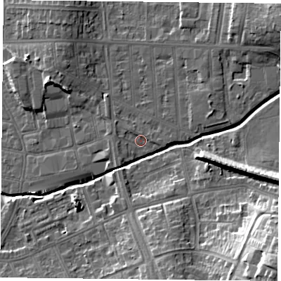 Shaded relief map of the ground around LE54BH, computed from Environment Agency LiDAR. The ground here sits at about 64 m above sea level and falls 26 m across the surrounding 800 m. Surface water reaching this point runs off ground lying to the west-south-west, 1.3 m higher.